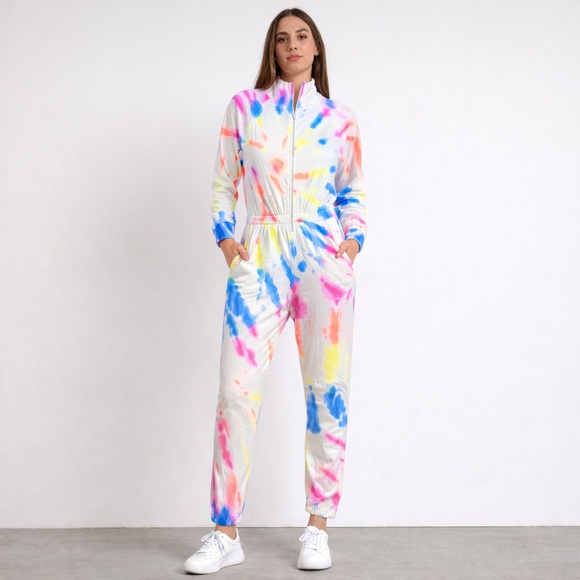 Lezat Pants - Lezat Multicolor Tie Dye Zip Front Fleece Jumpsuit Large Cozy Athleisure NWT